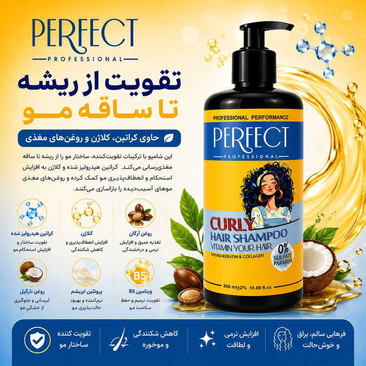شامپو مو پرفکت پروفشنال مدل curly hair مناسب برای موهای فر و مجعد حجم 500میلی لیتر